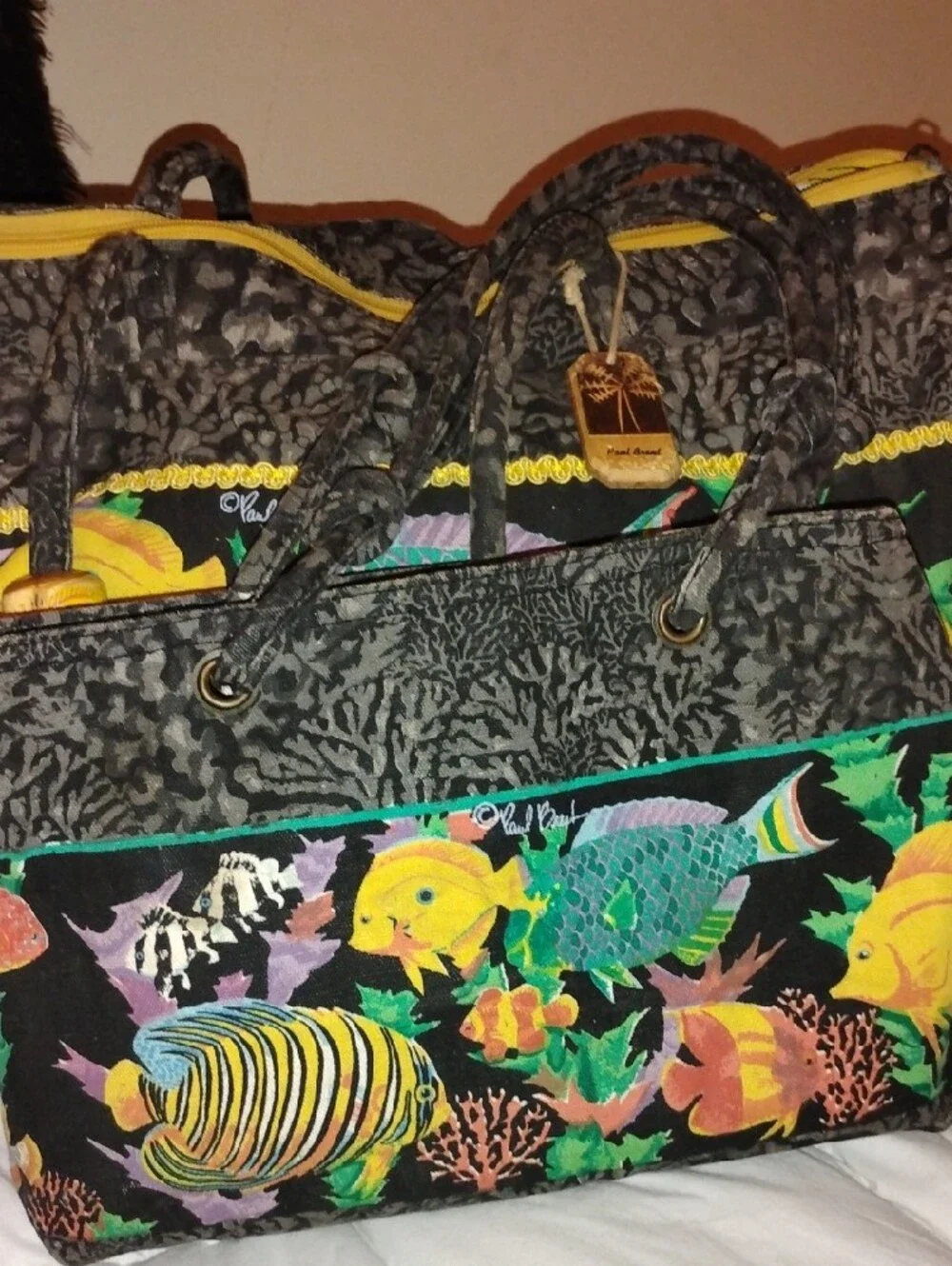 Colorful Fish-Print Tote Bags in Black & Yellow - Paul Brent